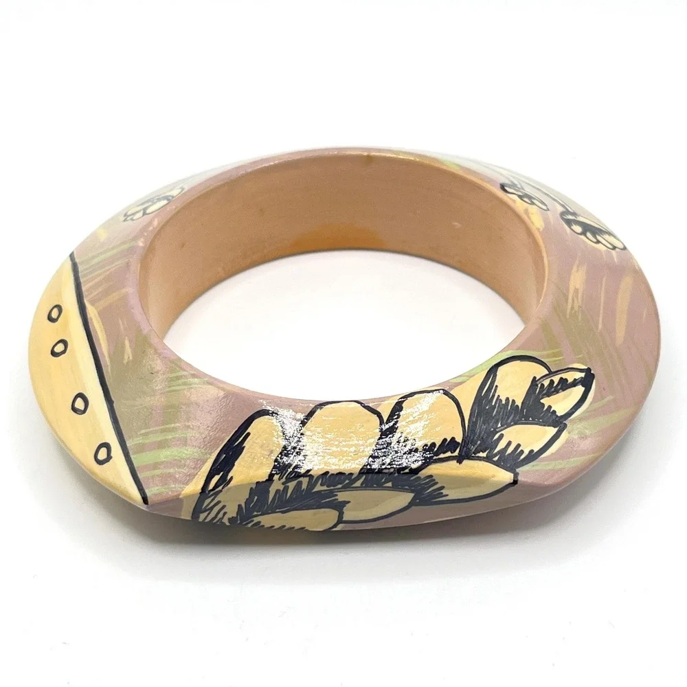 Vintage Lacquered Hand-Painted Floral Flower Mauve Purple Wood Bangle Bracelet